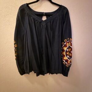 Crown & Ivy Navy Blouse with Colorful Embroidery
